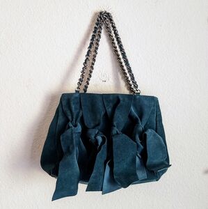 Ermanno Scervino Teal Blue Suede Leather Tie Shoulder Bag Purse RARE